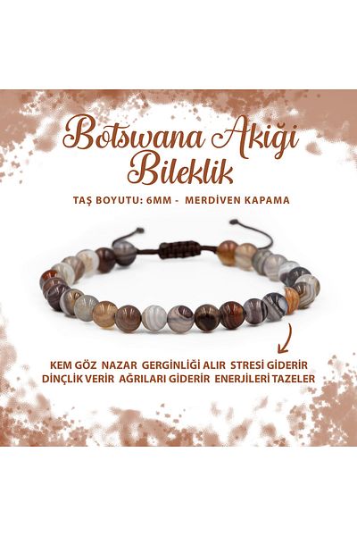 Deniz Doğal Taş Certified Botswana Agate 6mm Stair Closure Natural Stone Bracelet