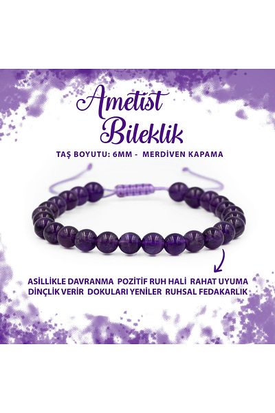 Deniz Doğal Taş Certified Amethyst 6mm Stair Closure Natural Stone Bracelet