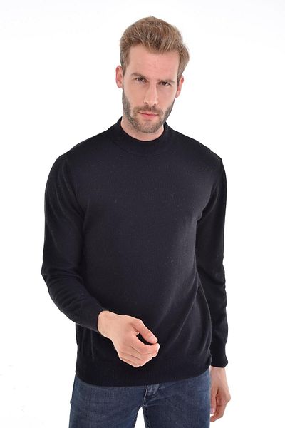 Çizgi Triko Ανδρικό πουλόβερ Half Fisherman Angora Rabbit Wool Μαύρο πουλόβερ κανονική εφαρμογή