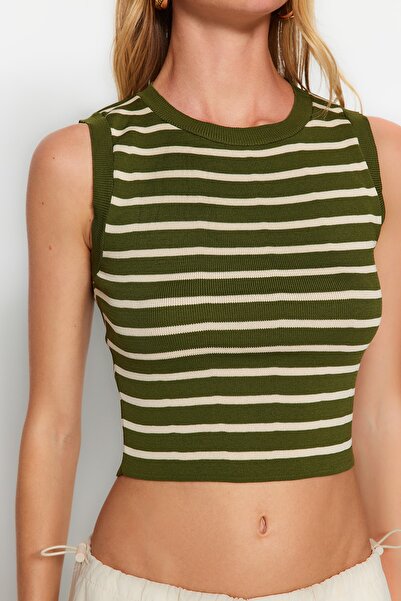 Trendyol Collection Green Crop Striped Knitwear Slim Blouse Twoss23Bz00584