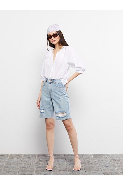 LC Waikiki Hohe Taille, Standard-Passform, gerade, mit Taschendetail, Rodeo-Jeansshorts für Damen