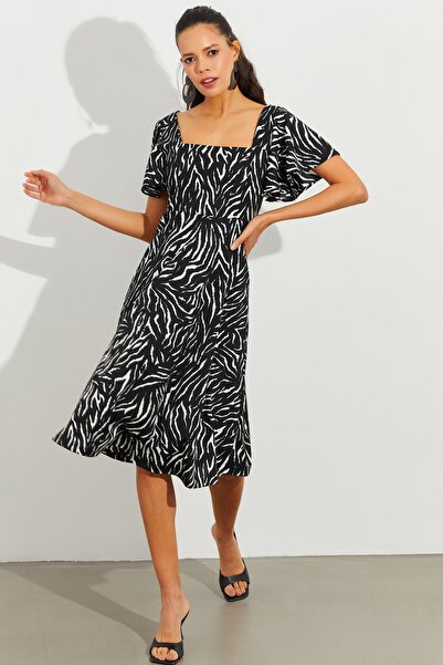 Cool & Sexy Γυναικείο Μίντι Φόρεμα με Μαύρα Μανίκια Flounce Τετράγωνο Γιακά KSD2991