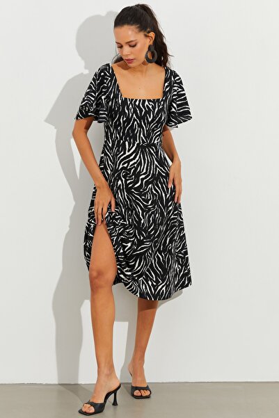 Cool & Sexy Γυναικείο Μίντι Φόρεμα με Μαύρα Μανίκια Flounce Τετράγωνο Γιακά KSD2991