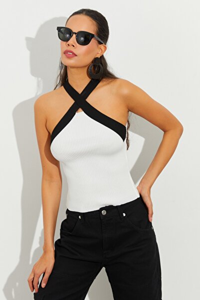 Cool & Sexy Dámská kontrastní halenka Trko s bílým křížovým límcem KZ2434