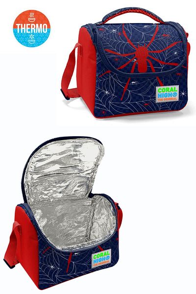 Coral High Navy Blue anD reD SpiDer PatterneD Four Compartment School BacKpacK - Lunch anD Pencil Bag