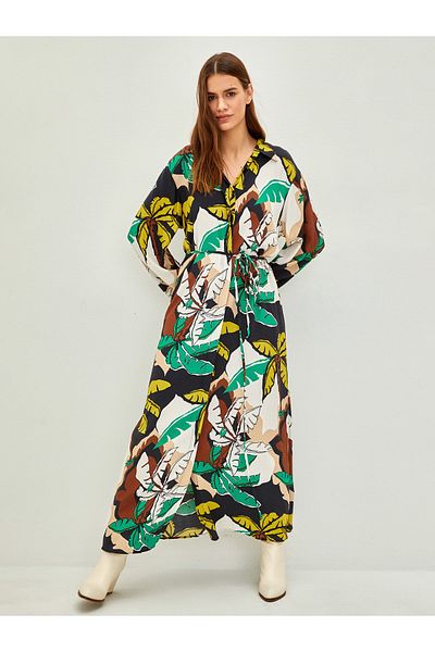 LC Waikiki Shirt Collar Patterned Long Sleeve Belted Waist Viscose Women's Dress