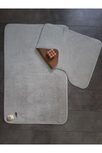 Bonny Home Ultrasoft Plain Silver Gray 2-Piece Bathroom Rug Mat Set Non-Slip Leather Based Washable Toilet Set