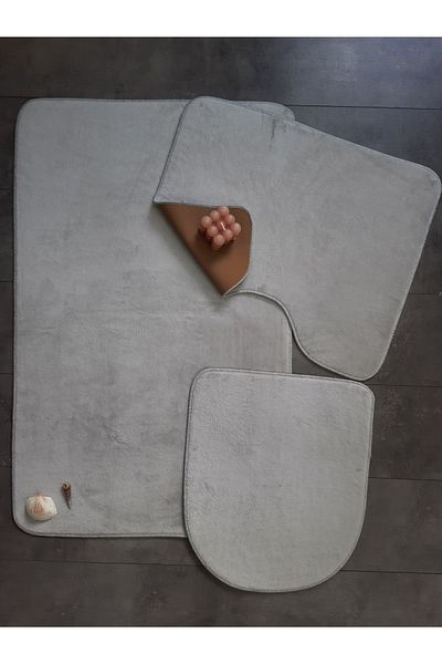 Bonny Home Σετ χαλιών μπάνιου 3 τεμαχίων Ultrasoft απλό ασημί γκρι Σετ καθίσματος τουαλέτας που πλένεται με αντιολισθητική βάση