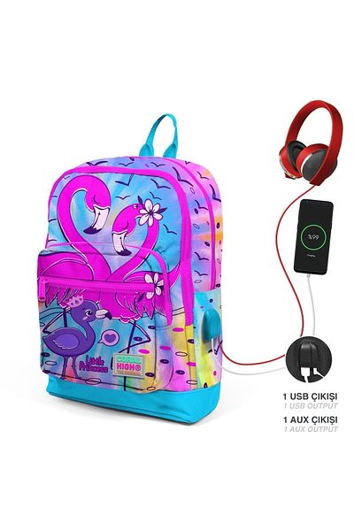 Coral High Rucsac pentru școală USB cu patru compartimente cu model flamingo, albastru, roz 23830