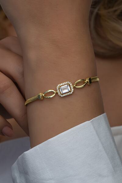 Nereze 925 Ayar Gümüş Gold Kaplama Balık Sırtı Model Tektaş Bileklik