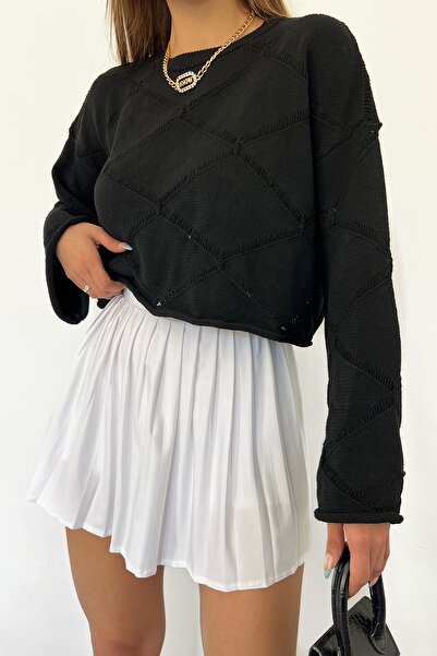 LE CARAMBOLE Women's Black Square Patterned Spanish Sleeve Crew Neck Knitwear Blouse