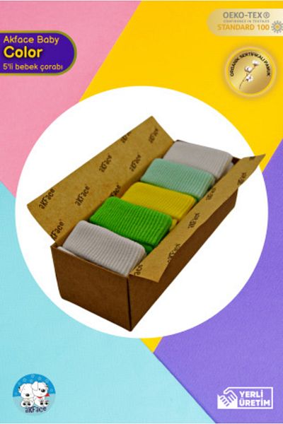 Akface 5-Piece Unisex Colors Boxed Washed Organic Baby Socks 0-6 Months.