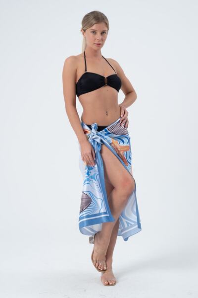 Rs Ramuni Парео з блискучої тканини, синього кольору, з малюнком морських мушель, розмір 145x95