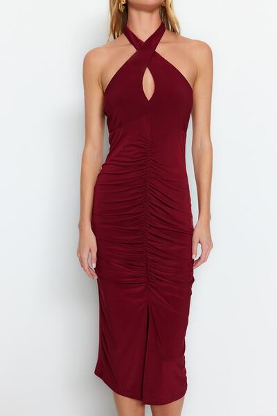 Trendyol Collection Stretchy Knitted Midi Dress - Burgundy Drape Detail, Halter Neck TWOSS23EL02370