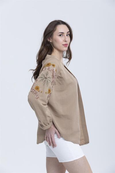 Weppa Kadın Nakışlı Keten Kimono Kahverengi