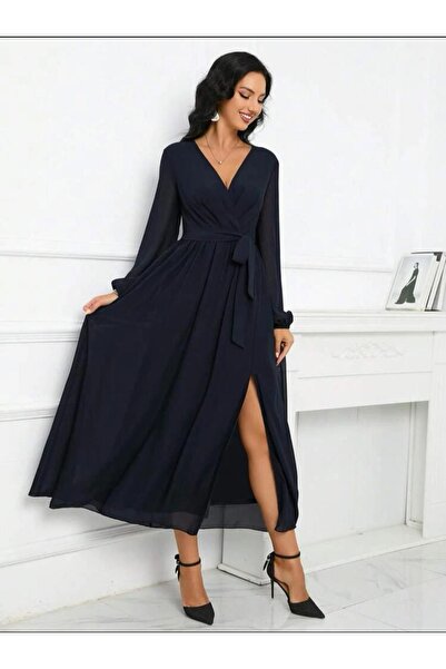 Styling Park Uzun Kol Şifon Midi Elbise