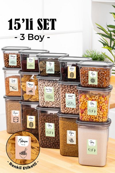 Vienev Set of 15 Peggy Rectangular Storage Containers with Colorful Labels 5x(1500-1150-800 Ml) Anthracite