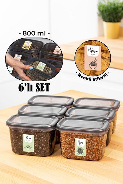 Vienev Set of 6 Peggy Rectangular Storage Containers with Colorful Labels 800 Ml Anthracite