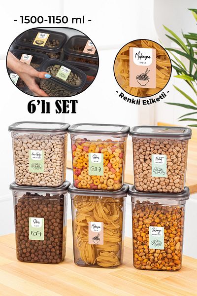 Vienev Set of 6 Peggy Rectangular Storage Containers with Colorful Labels 3x(1500-1150 Ml) Anthracite