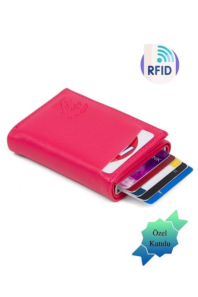 Adelina Bags Fuşta Basic Leather Mechanism Card Holder Wallet with Automatic Slide