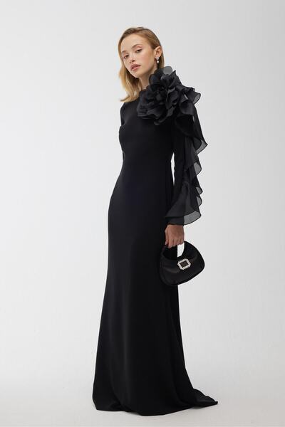 Manuka Βραδινό φόρεμα Organza Detailed - Μαύρο με Καρφίτσα