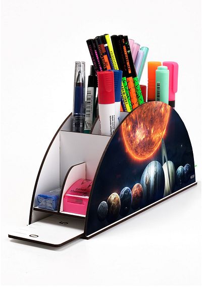 kutuTR Wooden Vip Planet Series Rainbow Ruled Desktop Pen Holder Organizer with Assembled Box