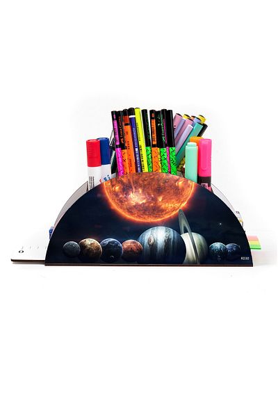kutuTR Wooden Vip Planet Series Rainbow Ruled Desktop Pen Holder Organizer with Assembled Box