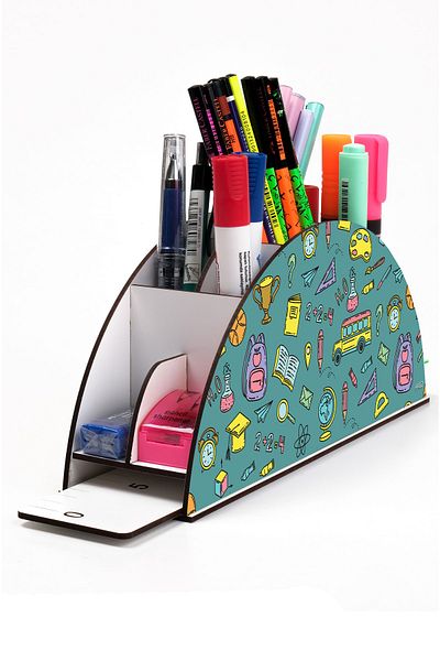 kutuTR Wooden Vip Students Rainbow Ruled Desktop Pen Holder Organizer Assembled Boxed