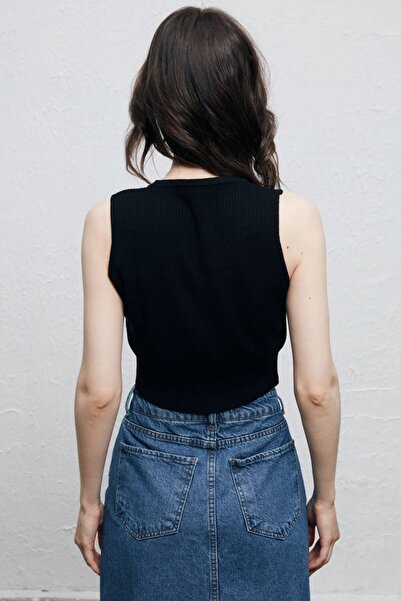 Bisou Black Stone Lace Up Ribbed Blouse