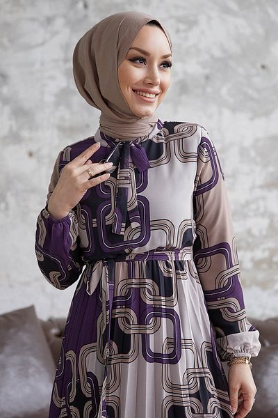 InStyle Danny Pattern Belted Chiffon Dress - Purple