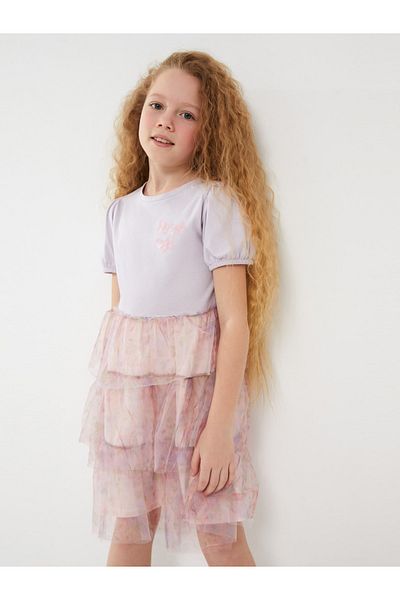 LC Waikiki Crew Neck Sequin Embroidered Short Sleeve Girl's Dress