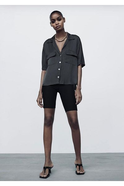 MJORA Cămașă oversize din satin negru cu buzunare