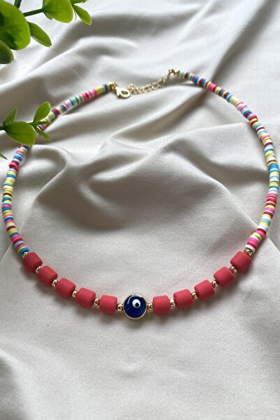 Tahtakaledeyim عقد نسائي مختلط من فيمو واللينو الأحمر مزين بتفاصيل عين الشر