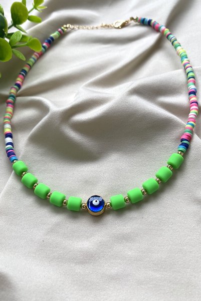 Tahtakaledeyim Women's Mixed Fimo and Green Lino Beaded Necklace with Evil Eye Detail