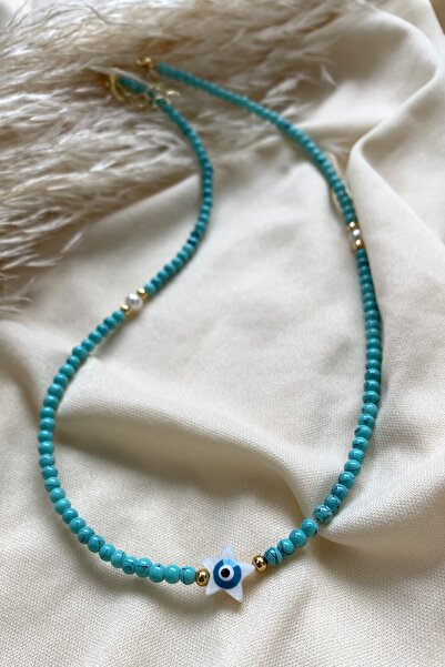 Tahtakaledeyim قلادة من الخرز بنجمة مطرزة باللون الأزرق للنساء