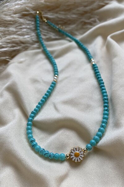Tahtakaledeyim Women's Blue Beaded Daisy Detailed Bead Necklace
