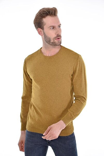 Çizgi Triko Ανδρικό πουλόβερ με λαιμόκοψη Angora Rabbit Wool Camel με κανονική εφαρμογή