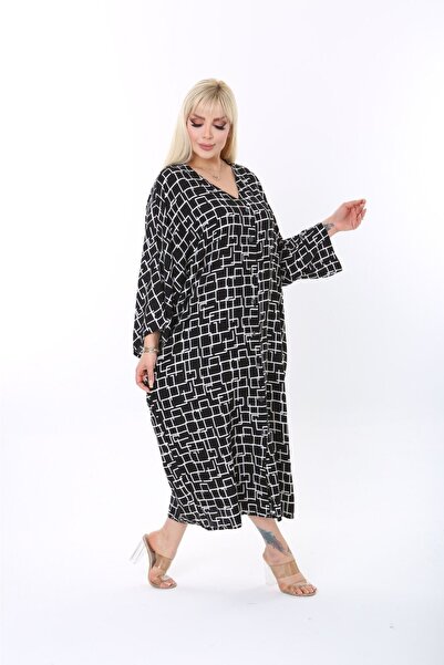 ESCBUTİK Rochie de damă casual din bumbac, cu model alb-negru, mărime standar...