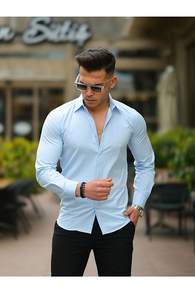 BASEL.CO Ανδρικό πουκάμισο Casual Slim Fit Hidden Placket Classic βαμβακερό σατέν πουκάμισο