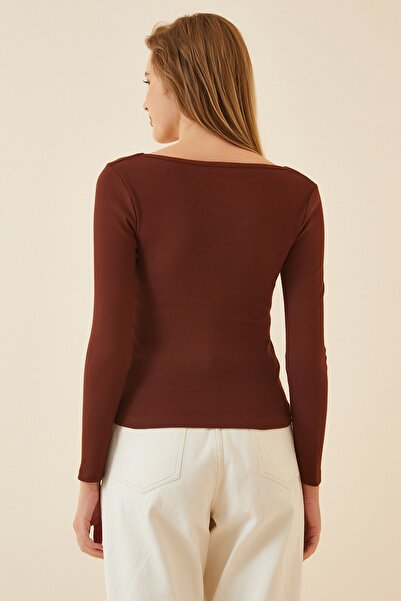 Happiness İstanbul Γυναικεία Πλεκτή Μπλούζα με Ριμπ Τετράγωνο Γιακά Σκούρο Καφέ GT00052