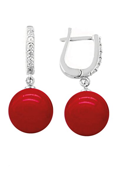 bymissmücevherat 925 Ayar Gümüş Sallantılı Yuvarlak Kırmızı Mercan Taşlı Kadın Küpe 8 Mm