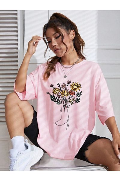 Machetta Μπουκέτο λουλουδιών χεριών με στάμπα Oversize Crew Neck T-shirt