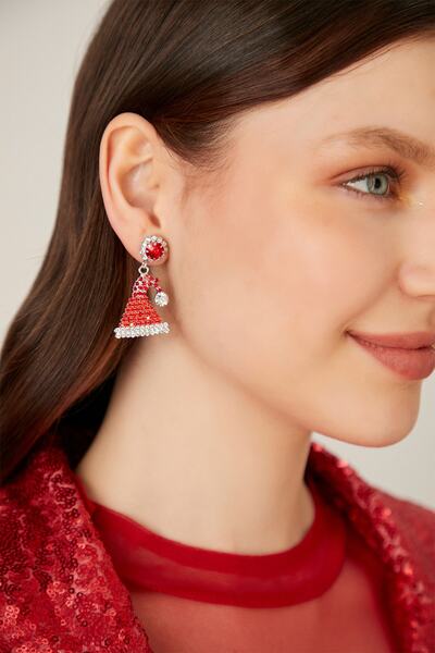 Furtek Aksesuar Kadın Kırmızı Yılbaşı Noel Şapka Desenli Zirkon Taşlı Yeni Yıl Kutlama Parti Küpe Modeli