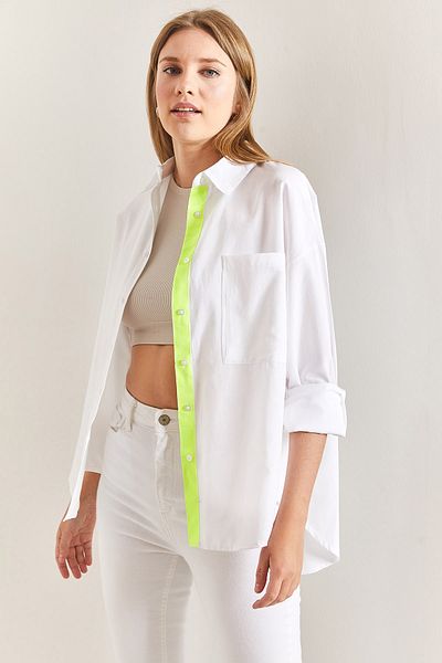 Bianco Lucci Women's Single Pocket Phosphor Striped Basic Oversize Shirt