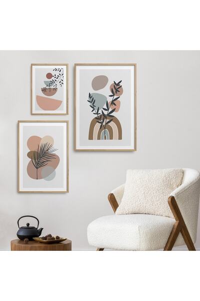 HOMEPACK 3'lü Set Doğal Ahşap Lamine Çerçeveli Yaprak Boho Stili Geometrik De...