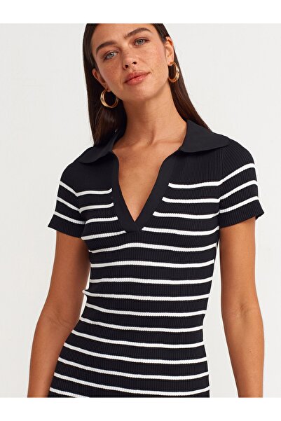 Dilvin 90146 Polo Yaka Çizgili Kısa Kol Triko Elbise-siyah-ekru