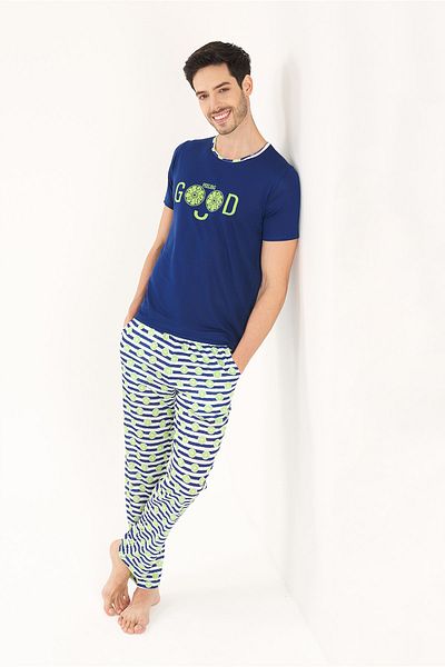 Yeni İnci Σετ ανδρικές πιτζάμες Navy Blue Viscose με στρογγυλή λαιμόκοψη