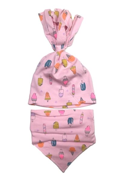 Albimama Dondurma Baskılı Esnek Pamuklu Penye Bebek Bere Ve Fular 2'lı Set