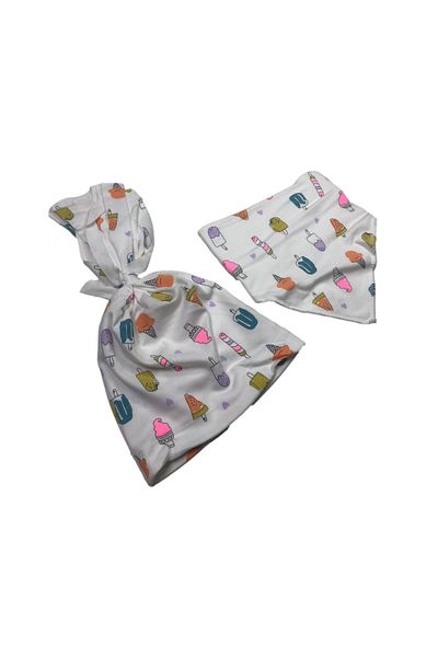 Albimama Ice Cream Printed Flexible Cotton Combed Baby Beanie and Scarf Set of 2