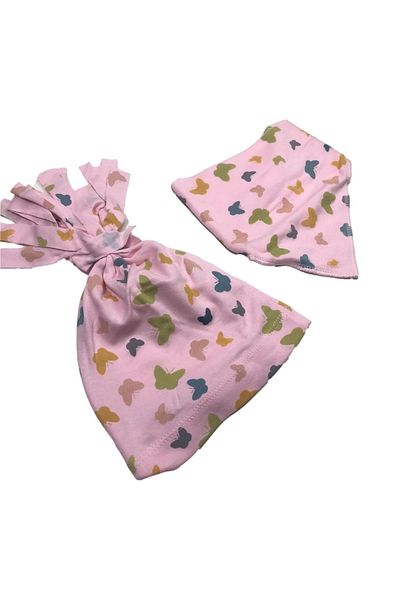 Albimama Butterfly Printed Flexible Cotton Combed Baby Beanie and Scarf Set of 2